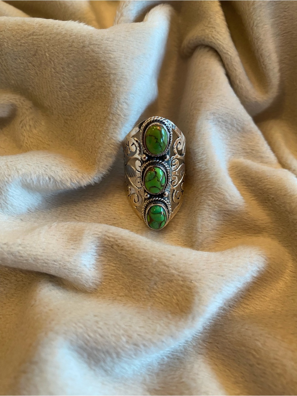 Sterling Silver Triple Green Turquoise Statement Ring - Picture 5 of 7